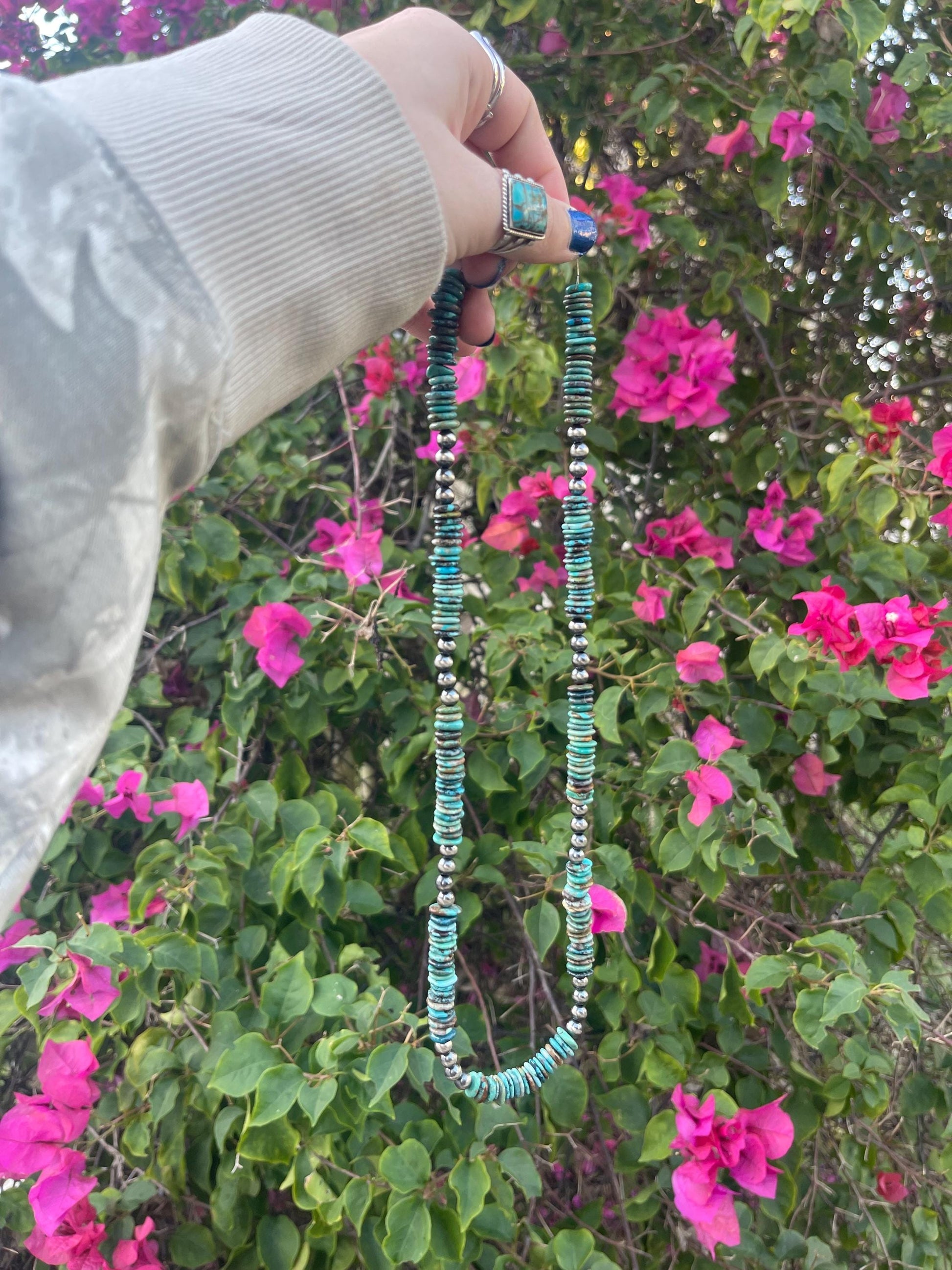 6mm sterling silver navajo pearls with genuine turquoise necklace