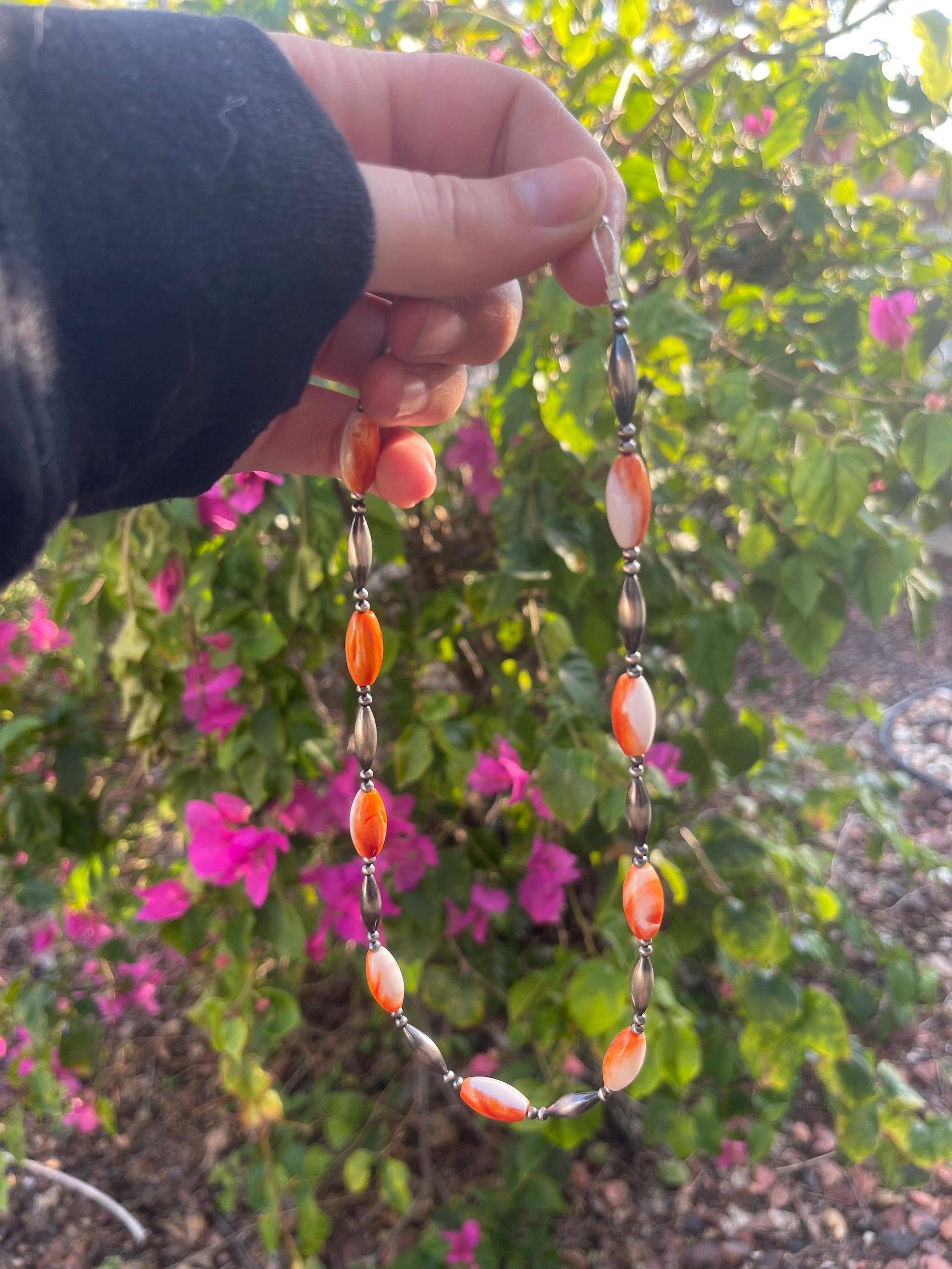 Genuine Orange Spiny Oyster & Sterling Silver Pearls Beaded Necklace 17”