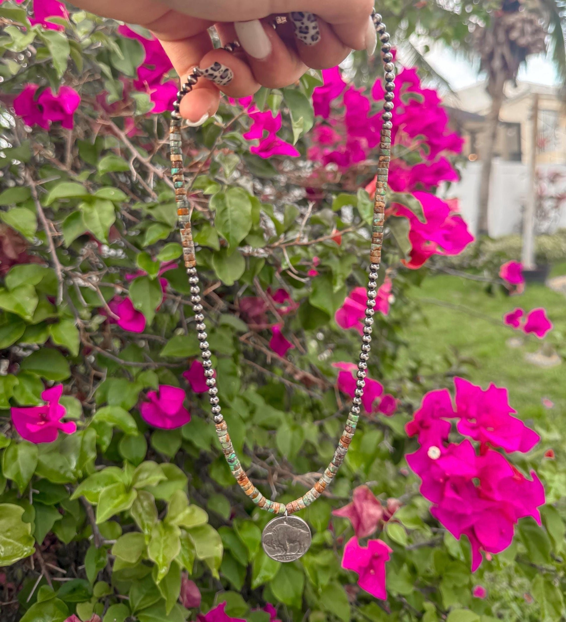 Genuine Turquoise and Sterling Silver Pearl Necklace With Buffalo Pendant