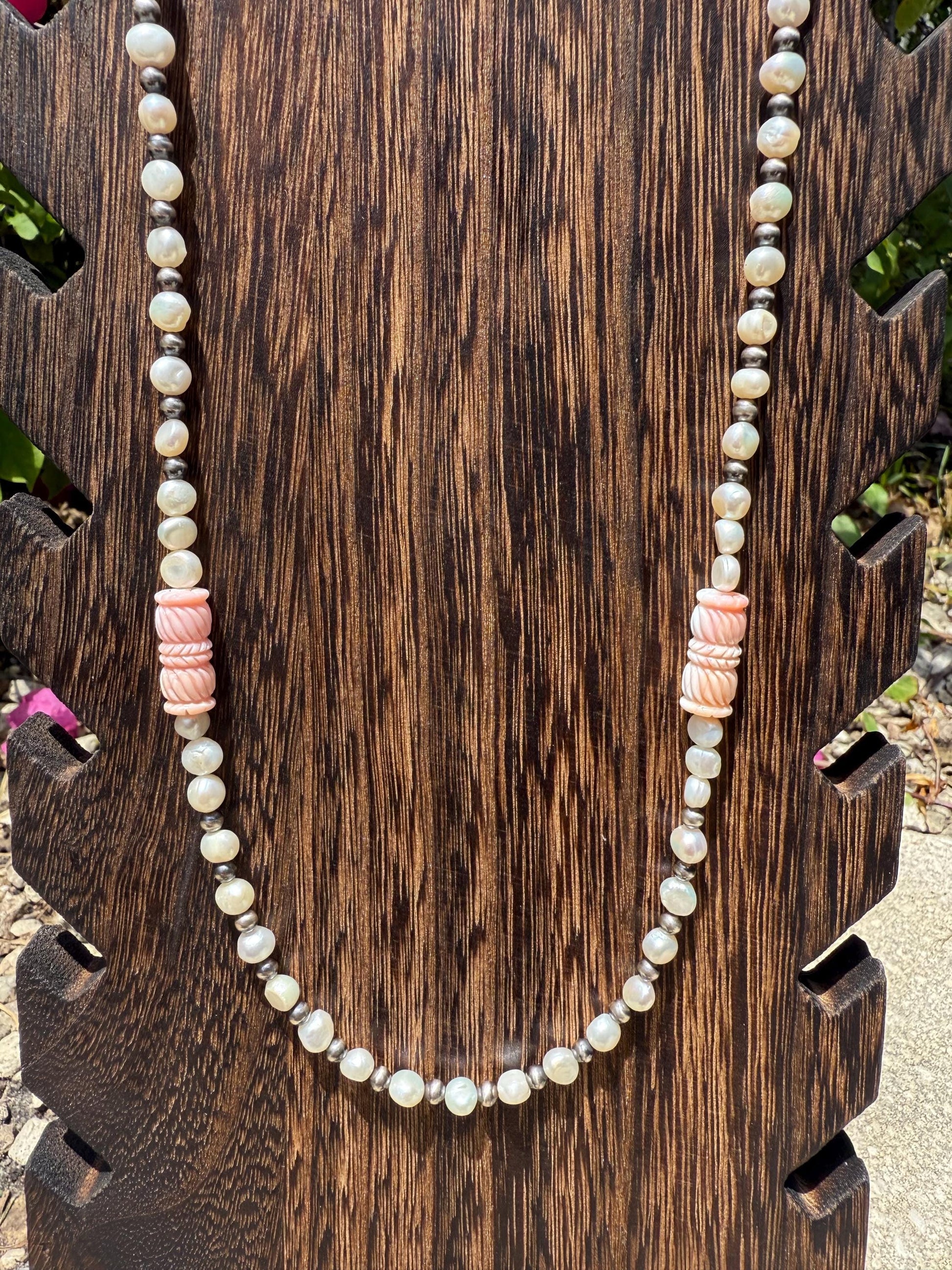 Genuine Pink Conch Barrel Bead Necklace With Fresh Water Pearl and Navajo Inspired Pearls