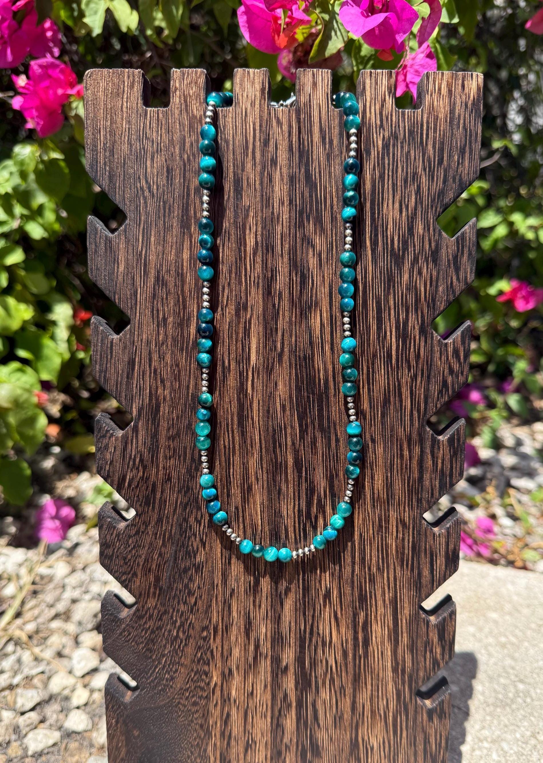 Aqua Tigers Eye Gemstone and Navajo Inspired Pearl Necklace