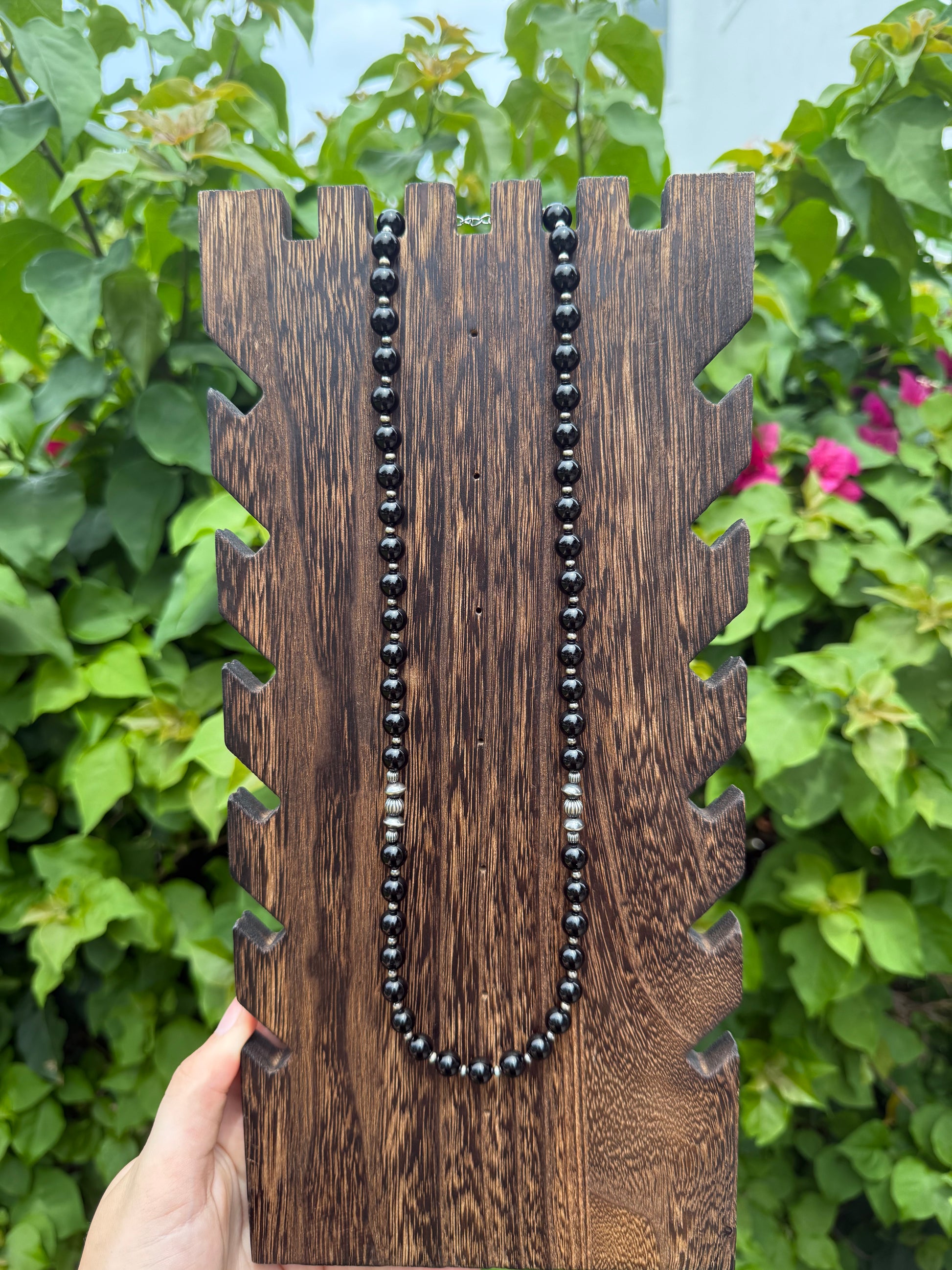 Black Onyx and Navajo Sterling Silver Pearl Necklace