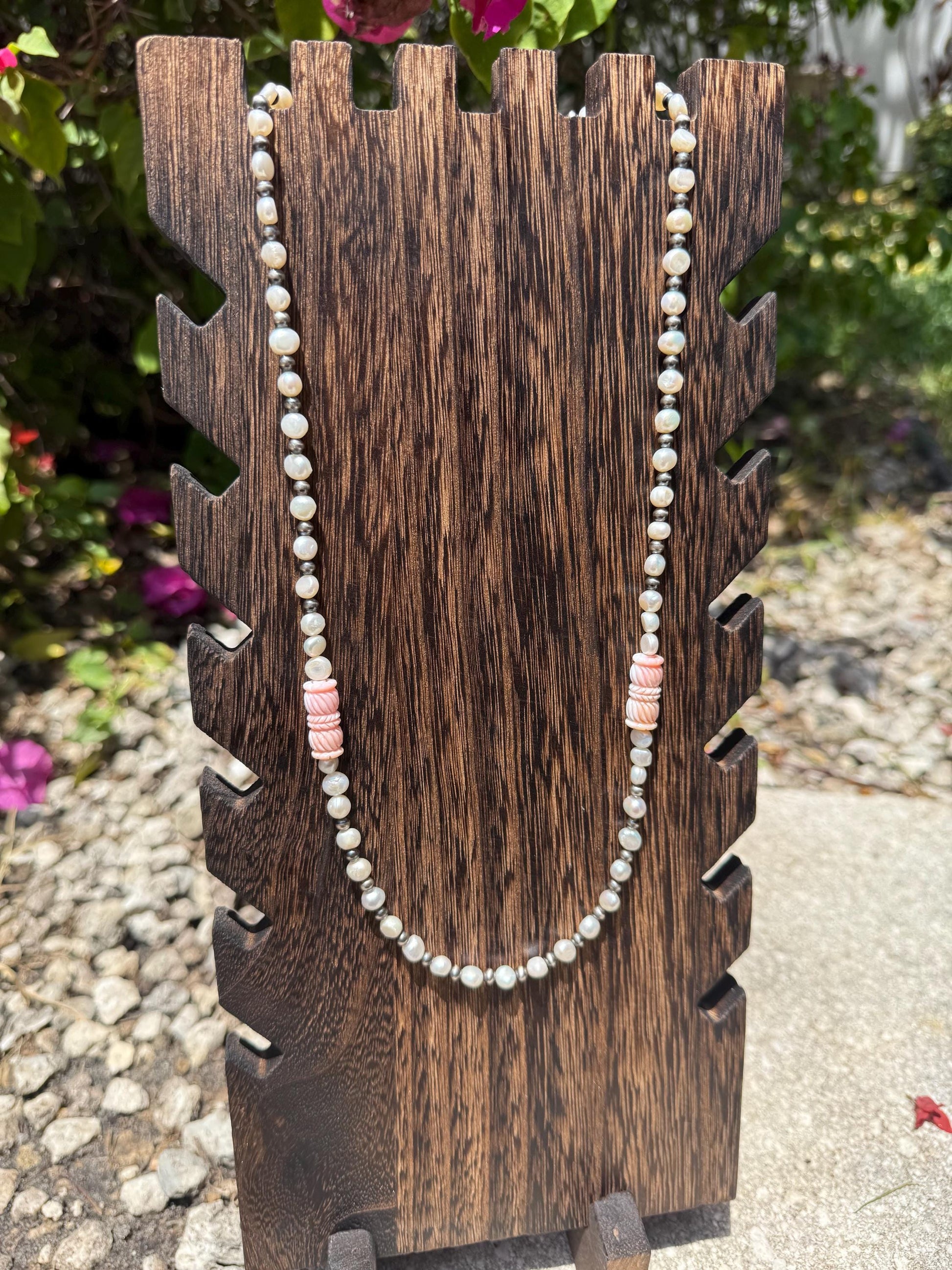 Genuine Pink Conch Barrel Bead Necklace With Fresh Water Pearl and Navajo Inspired Pearls