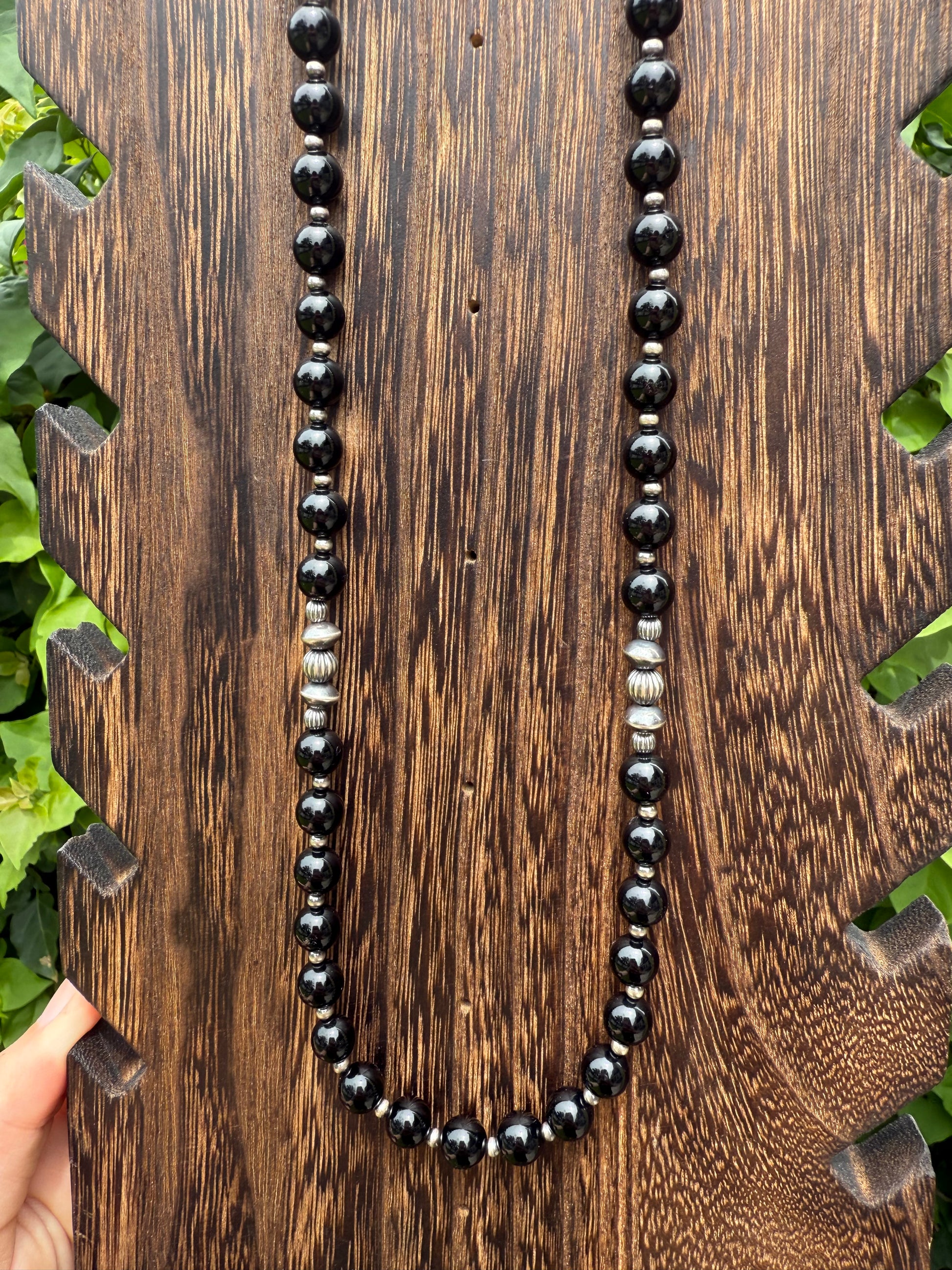 Black Onyx and Navajo Sterling Silver Pearl Necklace