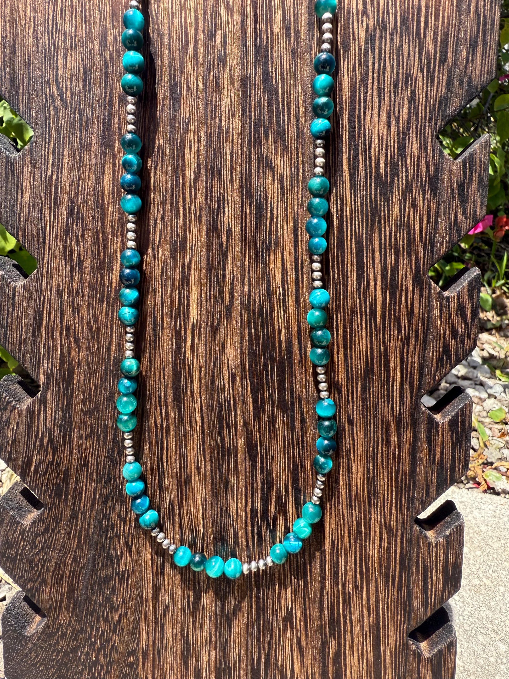 Aqua Tigers Eye Gemstone and Navajo Inspired Pearl Necklace