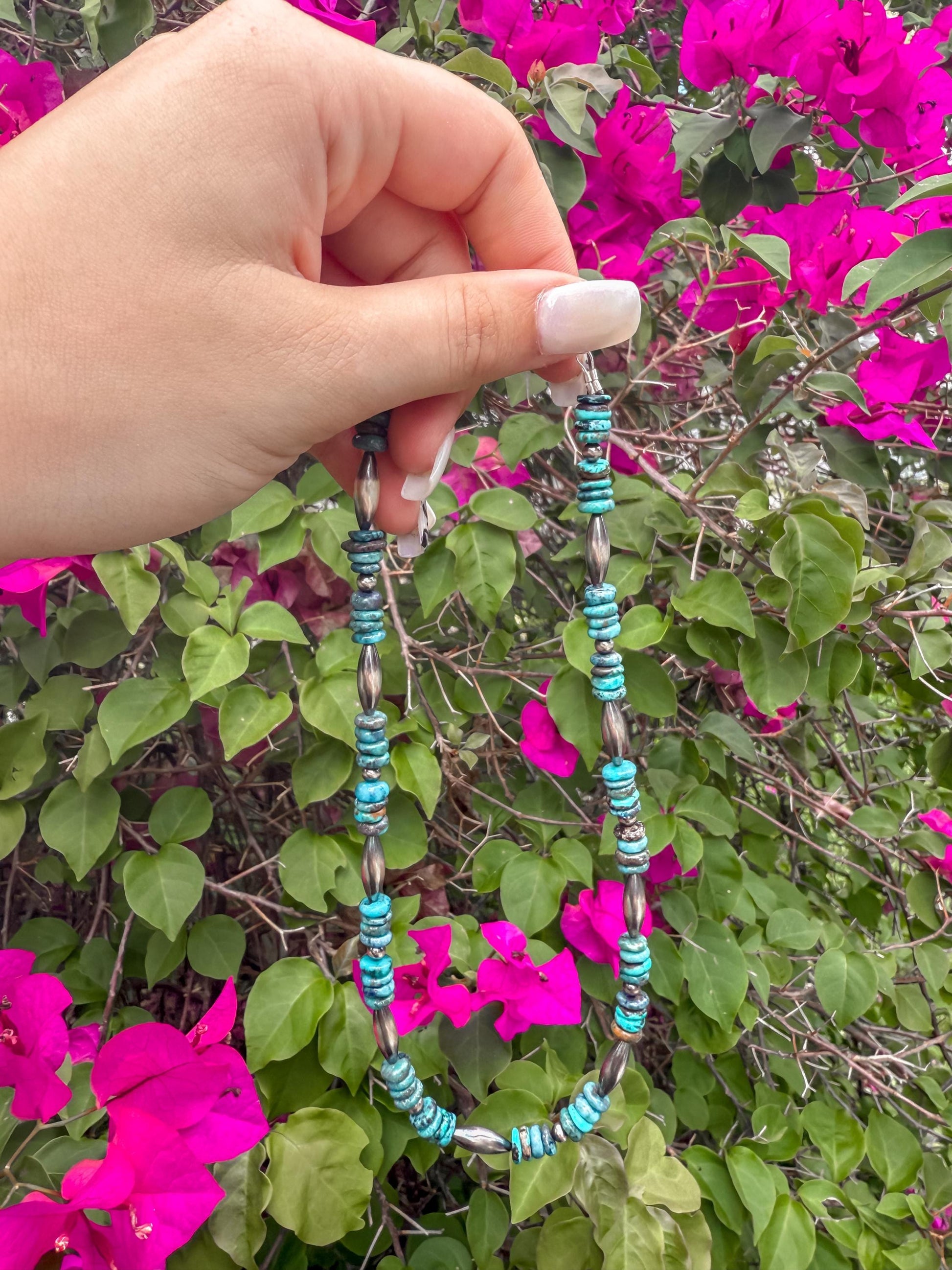 Genuine Turquoise and Sterling Silver Torpedo Pearl Necklace