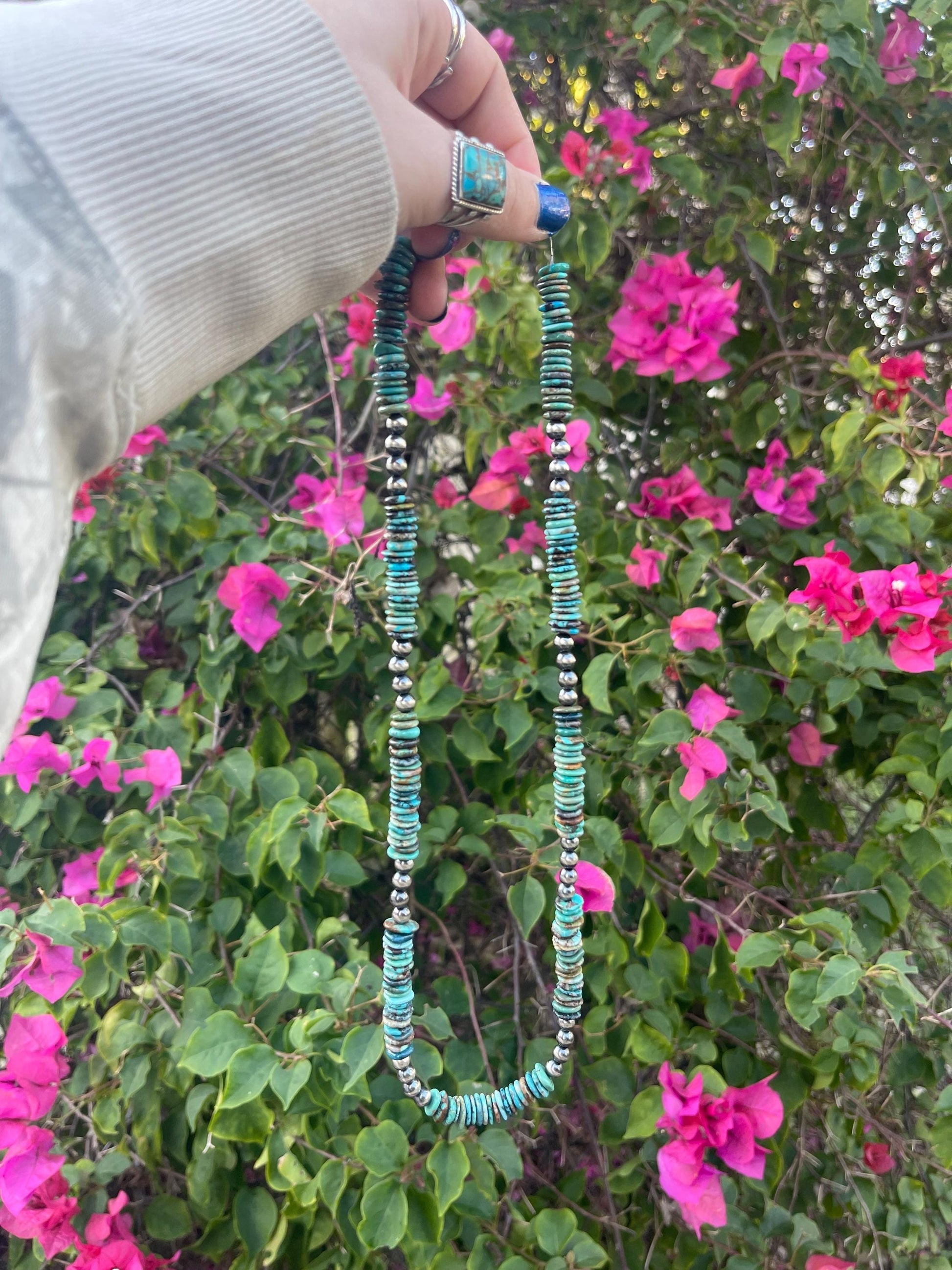 6mm sterling silver navajo pearls with genuine turquoise necklace