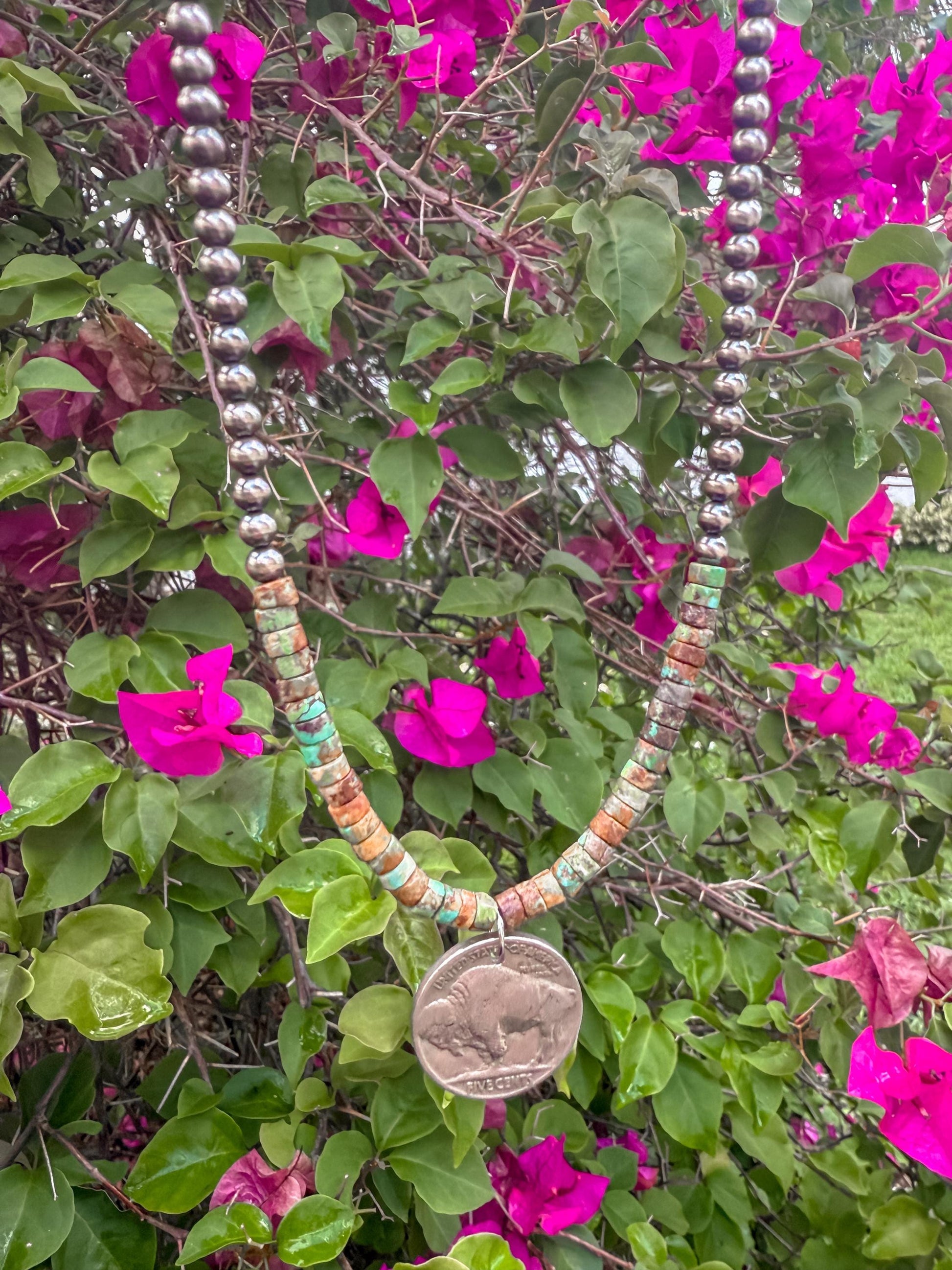 Genuine Turquoise and Sterling Silver Pearl Necklace With Buffalo Pendant